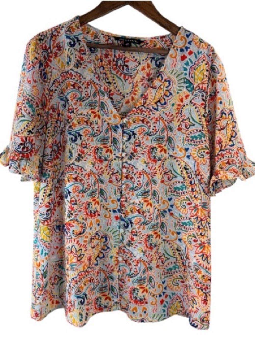 Zac & Rachel Colorful Paisley Ruffle Sleeve Blouse V-Neck Medium M